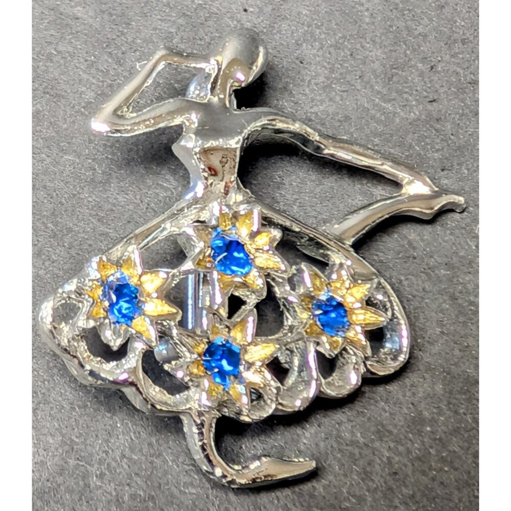 Vtg Ballerina Silvertone Pin Brooch 1.5" GERRY'S SIGNED Blue Rhinestones Dancer